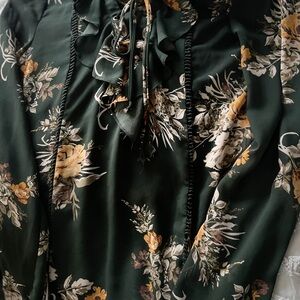 Coco + Carmen Dark Green Floral Ruffle Tie Blouse